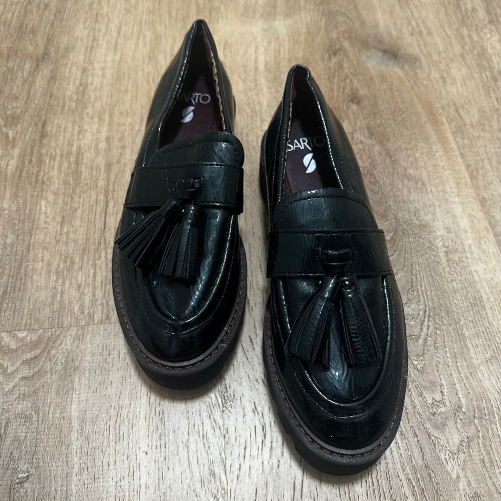 Sarto by Franco Sarto | Balinna Black Patent Tassel Lug Sole Loafers, 6.5M